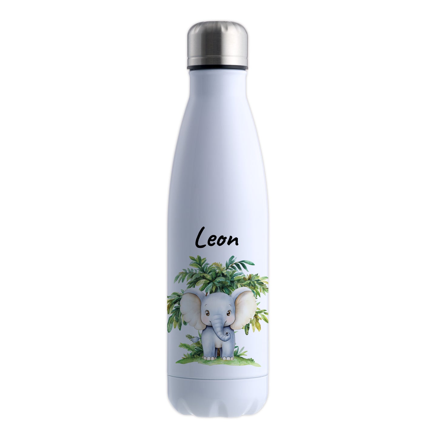 Trinkflasche in Weiß 500ml aus Edelstahl bedruckt mit Dschungel Tieren"Elefant" personalisierbar für Kinder mit Wunschname