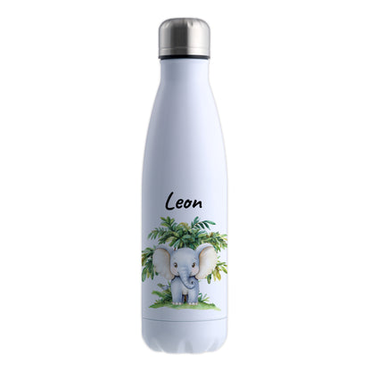 Trinkflasche in Weiß 500ml aus Edelstahl bedruckt mit Dschungel Tieren"Elefant" personalisierbar für Kinder mit Wunschname