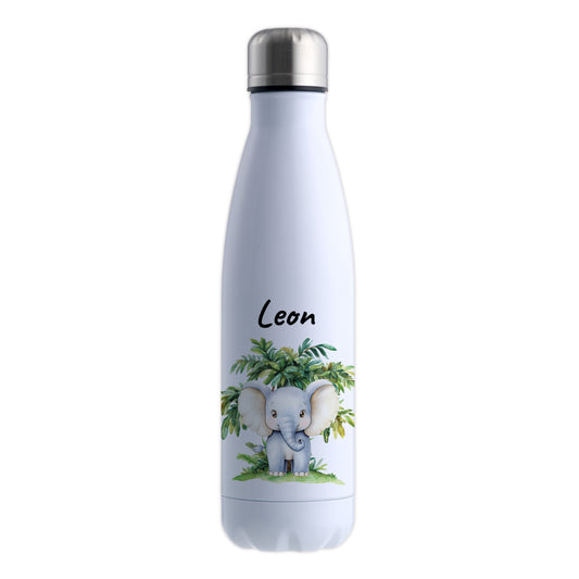 Trinkflasche in Weiß 500ml aus Edelstahl bedruckt mit Dschungel Tieren"Elefant" personalisierbar für Kinder mit Wunschname