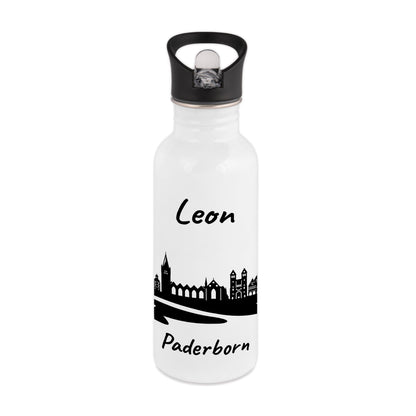 Trinkflasche in Weiß 600ml aus Edelstahl bedruckt mit der Skyline von Paderborn personalisierbar mit Wunschname