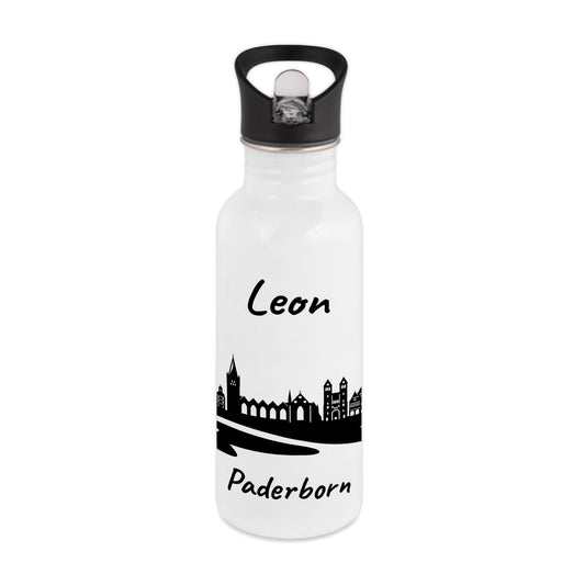 Trinkflasche in Weiß 600ml aus Edelstahl bedruckt mit der Skyline von Paderborn personalisierbar mit Wunschname