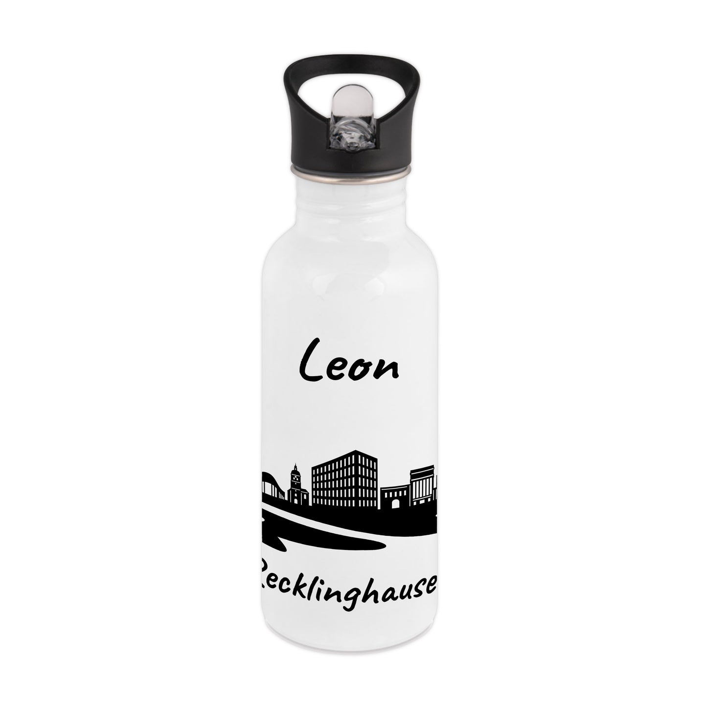 Trinkflasche in Weiß 600ml aus Edelstahl bedruckt mit der Skyline von Recklinghausen personalisierbar mit Wunschname