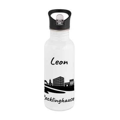 Trinkflasche in Weiß 600ml aus Edelstahl bedruckt mit der Skyline von Recklinghausen personalisierbar mit Wunschname