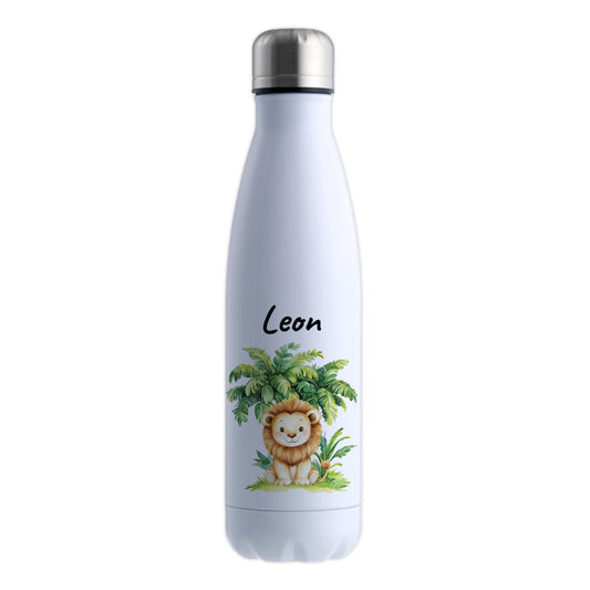 Trinkflasche in Weiß 500ml aus Edelstahl bedruckt mit Dschungel Tieren"Löwe" personalisierbar für Kinder mit Wunschname