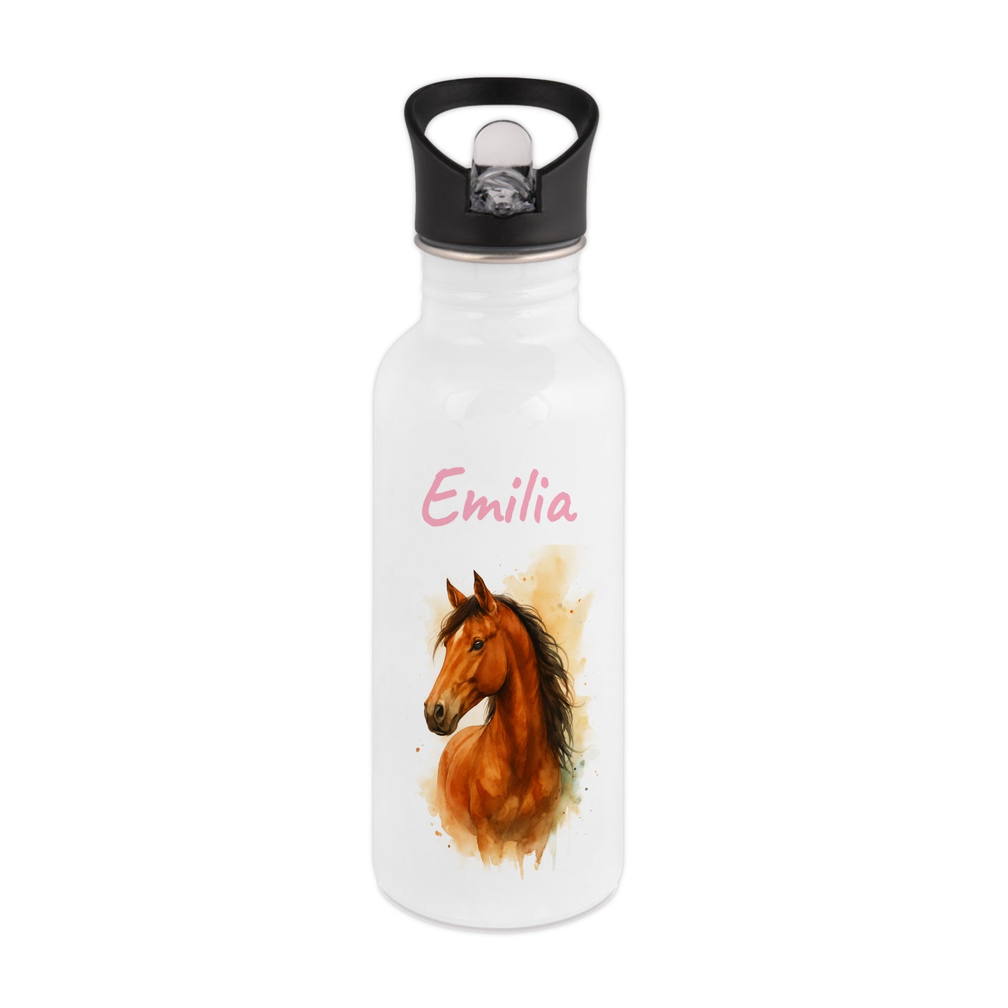 Trinkflasche mit Strohhalm in Weiß 600ml bedruckt mit tollen Motiven für Kinder "Pferd" personalisierbar für Kinder mit Wunschname aus Edelstahl