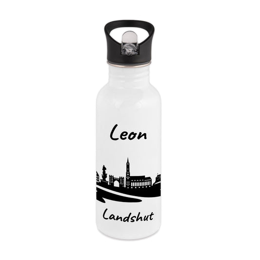 Trinkflasche in Weiß 600ml aus Edelstahl bedruckt mit der Skyline von Landshut personalisierbar mit Wunschname