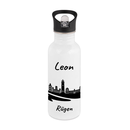 Trinkflasche in Weiß 600ml aus Edelstahl bedruckt mit der Skyline von Rügen personalisierbar mit Wunschname