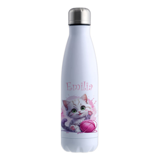 Trinkflasche in Weiß 500ml aus Edelstahl bedruckt mit niedlichen Tieren "Katze" personalisierbar für Kinder mit Wunschname