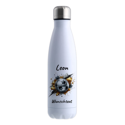 Thermoflasche 500ml in Weiß aus Edelstahl bedruckt "Fußball" Motiv13 personalisierbar mit Wunschname & Text