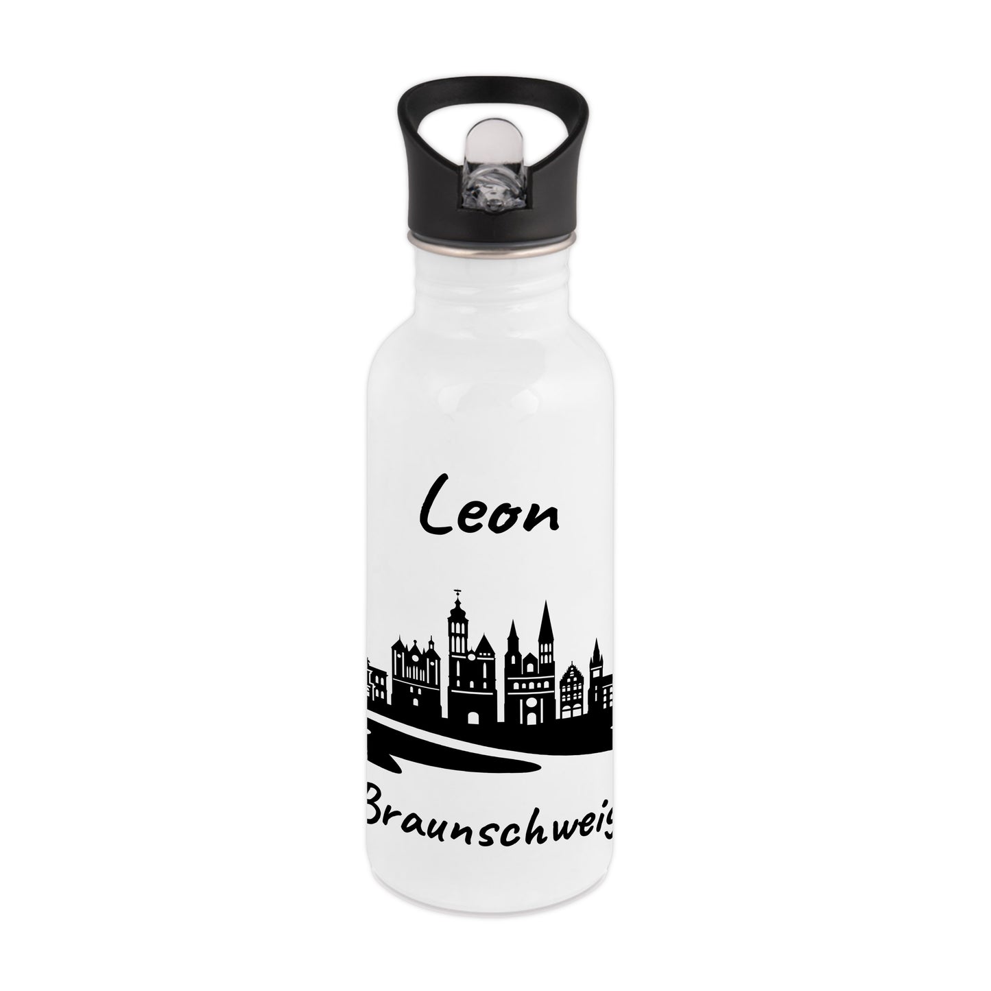 Trinkflasche in Weiß 600ml aus Edelstahl bedruckt mit der Skyline von Braunschweig personalisierbar mit Wunschname