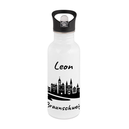 Trinkflasche in Weiß 600ml aus Edelstahl bedruckt mit der Skyline von Braunschweig personalisierbar mit Wunschname
