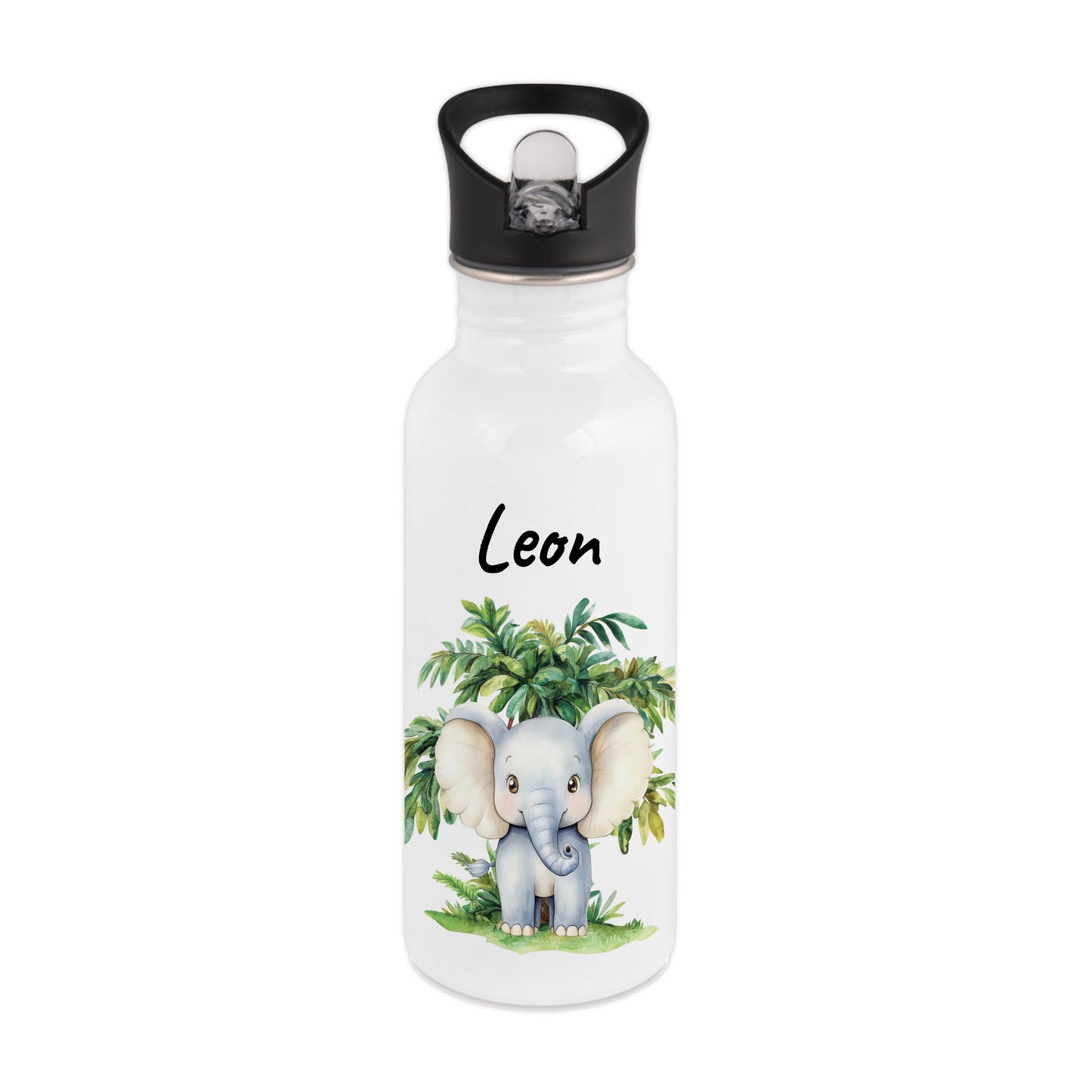 Trinkflasche mit Strohhalm in Weiß 600ml bedruckt mit Dschungel Tieren"Elefant" personalisierbar für Kinder mit Wunschname aus Edelstahl