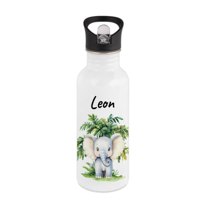 Trinkflasche mit Strohhalm in Weiß 600ml bedruckt mit Dschungel Tieren"Elefant" personalisierbar für Kinder mit Wunschname aus Edelstahl