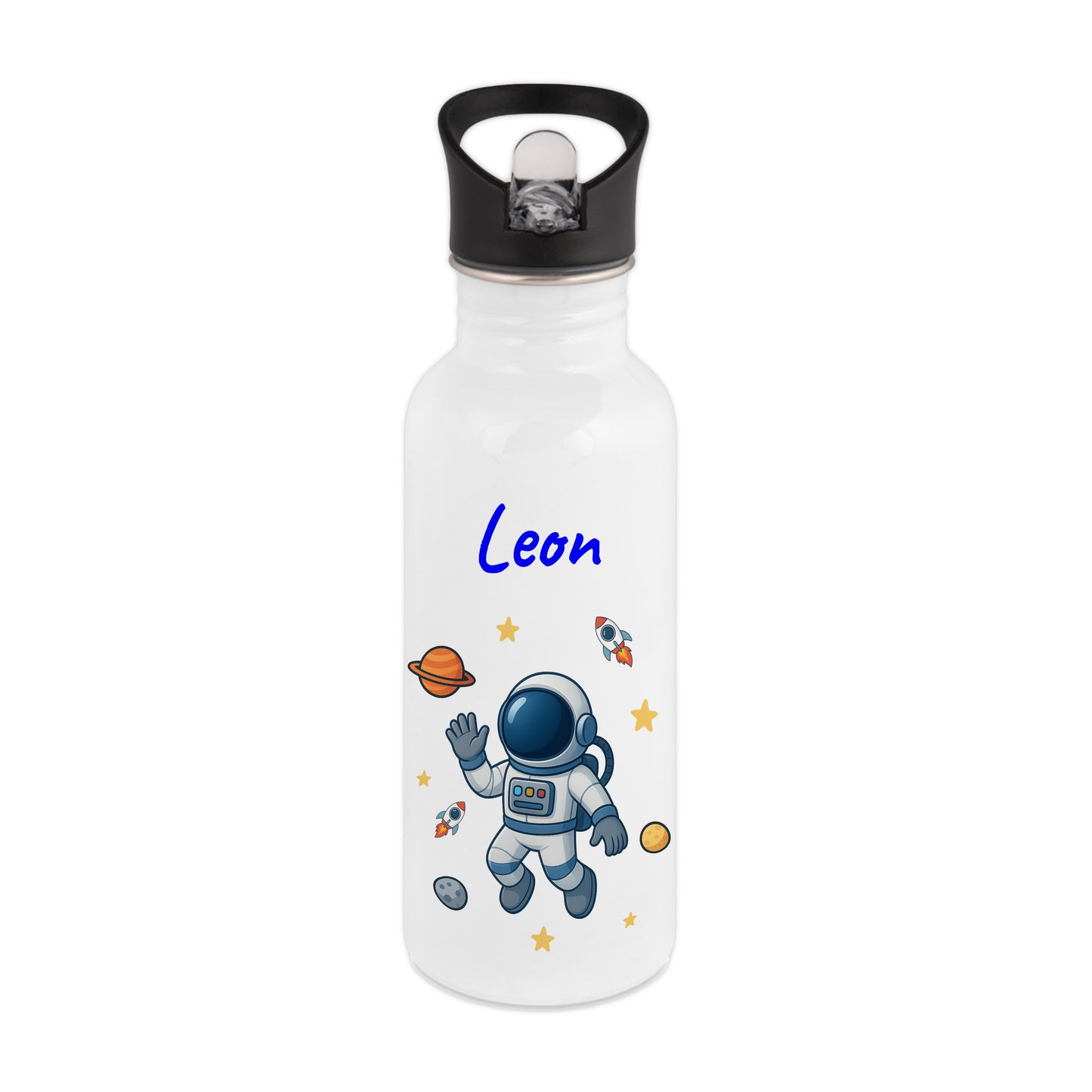 Trinkflasche mit Strohhalm in Weiß 600ml bedruckt mit tollen Motiven für Kinder "Astronaut" personalisierbar für Kinder mit Wunschname aus Edelstahl