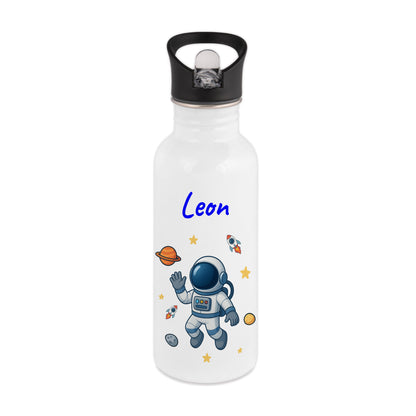 Trinkflasche mit Strohhalm in Weiß 600ml bedruckt mit tollen Motiven für Kinder "Astronaut" personalisierbar für Kinder mit Wunschname aus Edelstahl