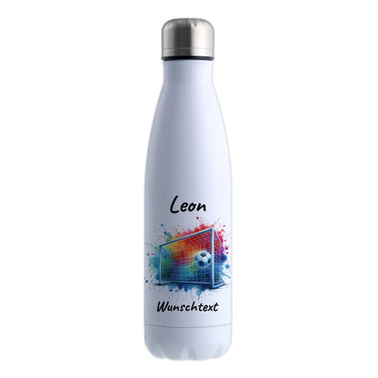 Thermoflasche 500ml in Weiß aus Edelstahl bedruckt "Fußball" Motiv5 personalisierbar mit Wunschname & Text