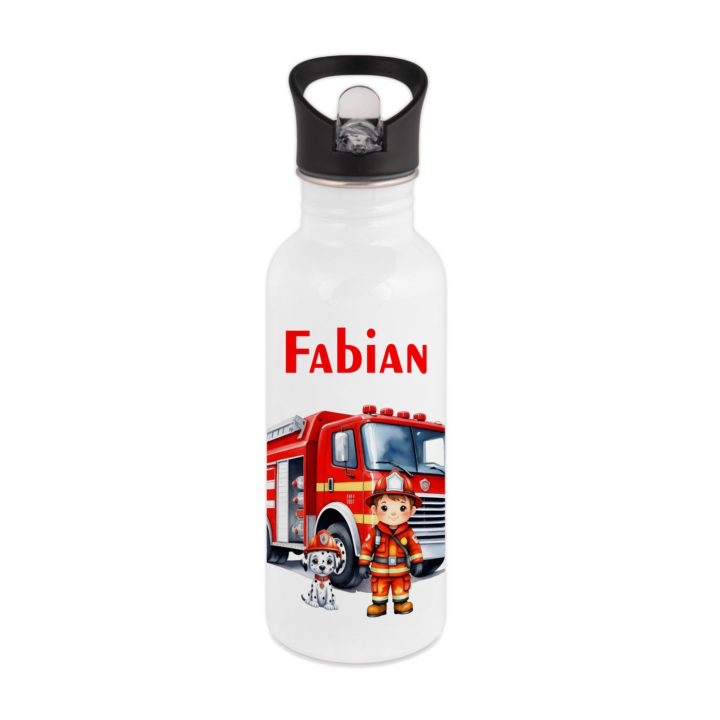 Trinkflasche mit Strohhalm in Weiß 600ml bedruckt mit tollen Motiven für Kinder "Feuerwehr" personalisierbar für Kinder mit Wunschname aus Edelstahl