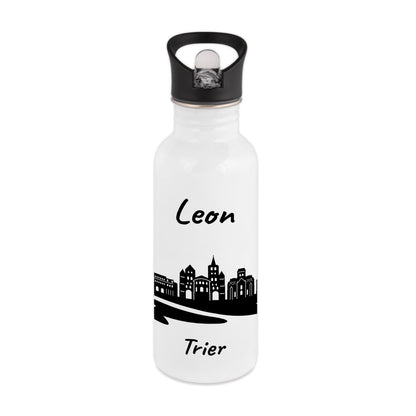 Trinkflasche in Weiß 600ml aus Edelstahl bedruckt mit der Skyline von Trier personalisierbar mit Wunschname
