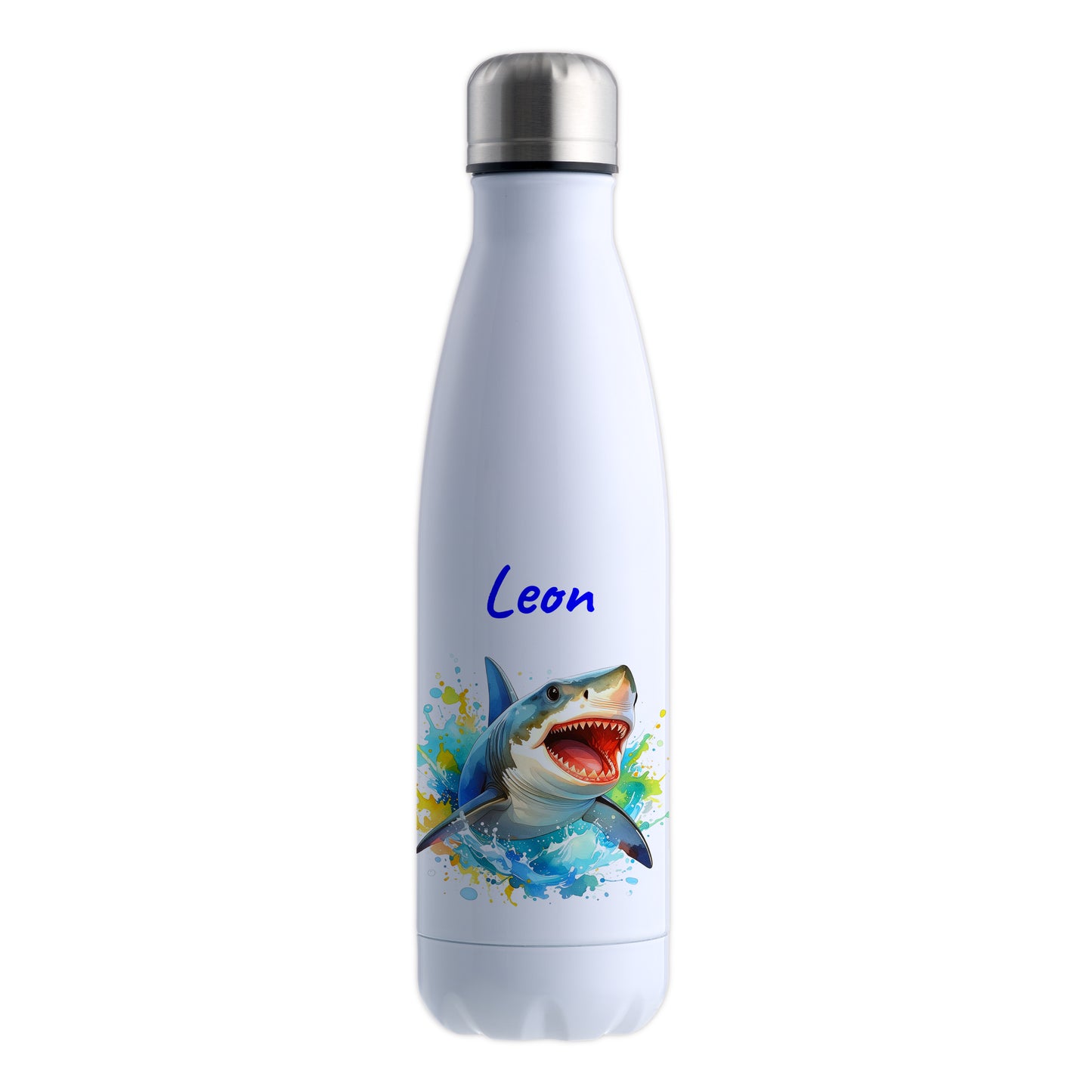 Thermoflasche 500ml in Weiß bedruckt mit tollen Motiven für Kinder "Hai" personalisierbar mit Wunschname