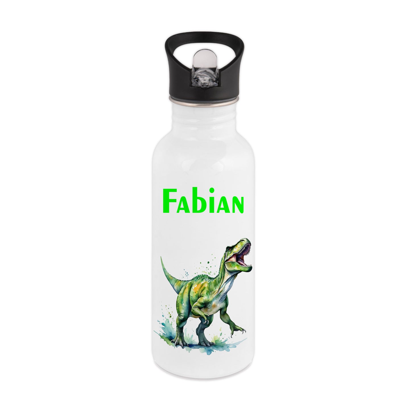 Trinkflasche mit Strohhalm in Weiß 600ml bedruckt mit tollen Motiven für Kinder "Dino T-Rex" personalisierbar für Kinder mit Wunschname aus Edelstahl