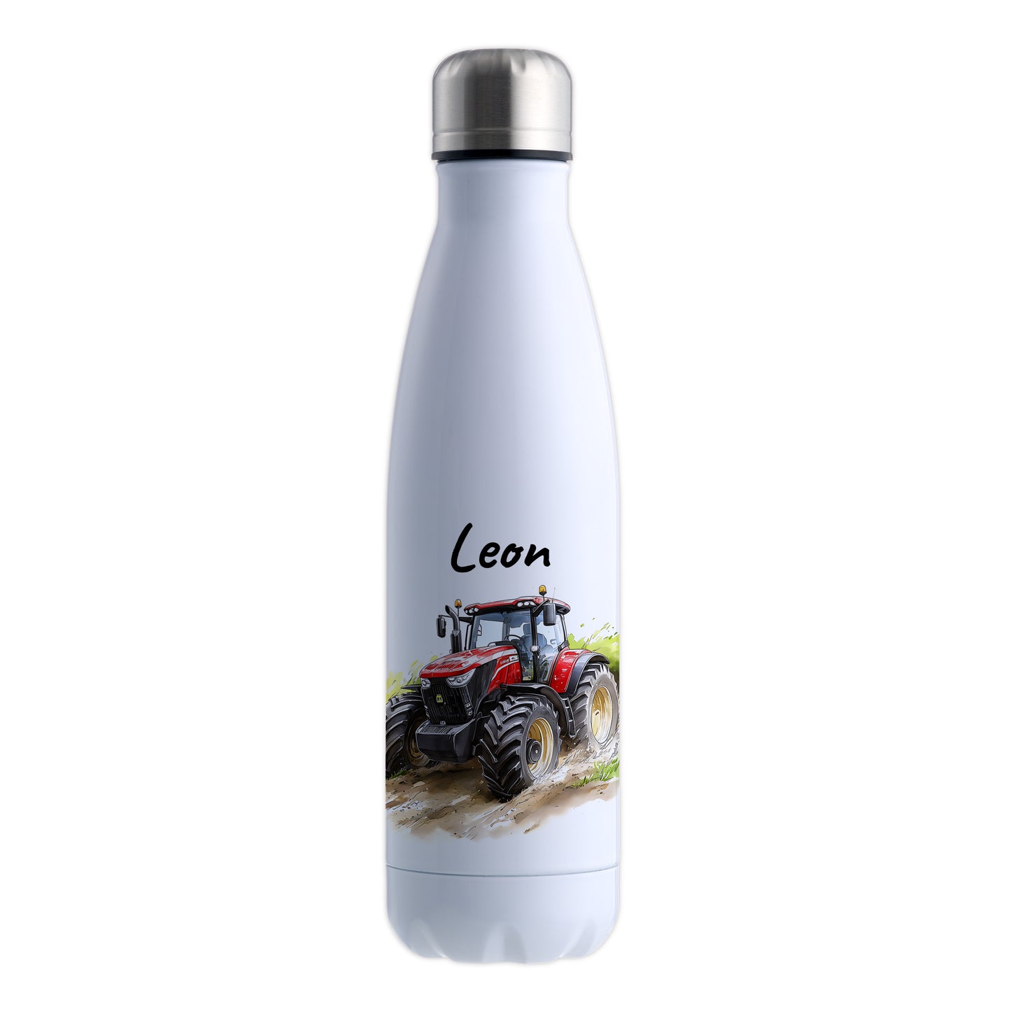 Thermoflasche 500ml in Weiß bedruckt mit tollen Motiven für Kinder "Traktor" personalisierbar mit Wunschname
