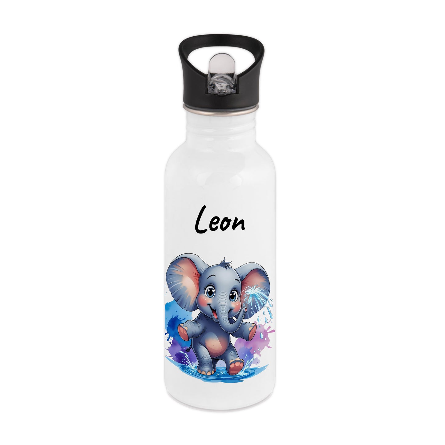 Trinkflasche mit Strohhalm in Weiß 600ml bedruckt mit niedlichen Tieren"Elefant" personalisierbar für Kinder mit Wunschname aus Edelstahl