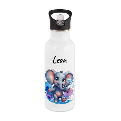Trinkflasche mit Strohhalm in Weiß 600ml bedruckt mit niedlichen Tieren"Elefant" personalisierbar für Kinder mit Wunschname aus Edelstahl