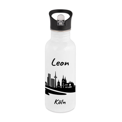 Trinkflasche in Weiß 600ml aus Edelstahl bedruckt mit der Skyline von Köln personalisierbar mit Wunschname