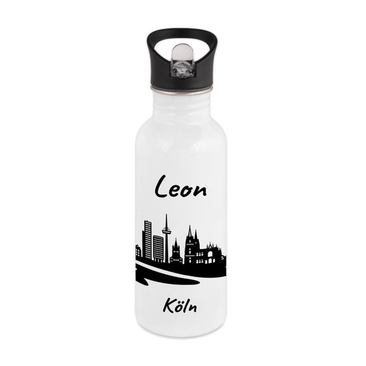 Trinkflasche in Weiß 600ml aus Edelstahl bedruckt mit der Skyline von Köln personalisierbar mit Wunschname