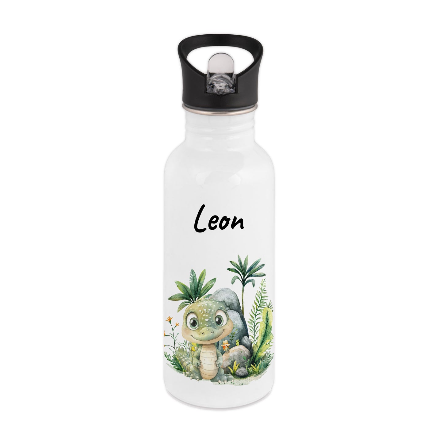Trinkflasche mit Strohhalm in Weiß 600ml bedruckt mit Dschungel Tieren"Krokodil" personalisierbar für Kinder mit Wunschname aus Edelstahl