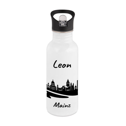 Trinkflasche in Weiß 600ml aus Edelstahl bedruckt mit der Skyline von Mainz personalisierbar mit Wunschname