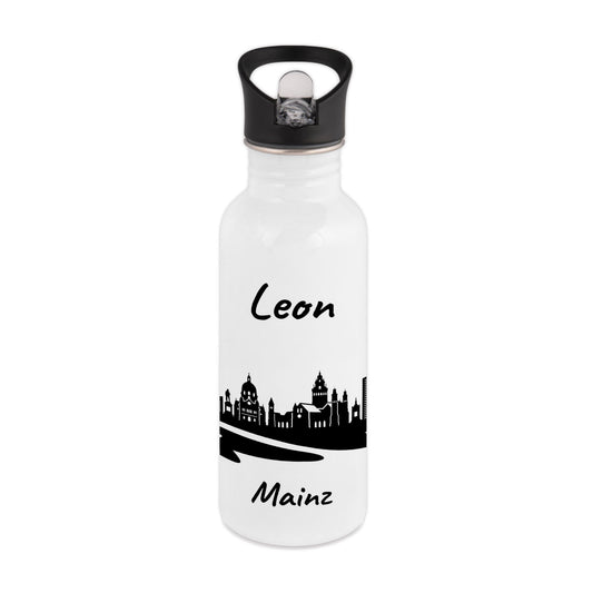 Trinkflasche in Weiß 600ml aus Edelstahl bedruckt mit der Skyline von Mainz personalisierbar mit Wunschname