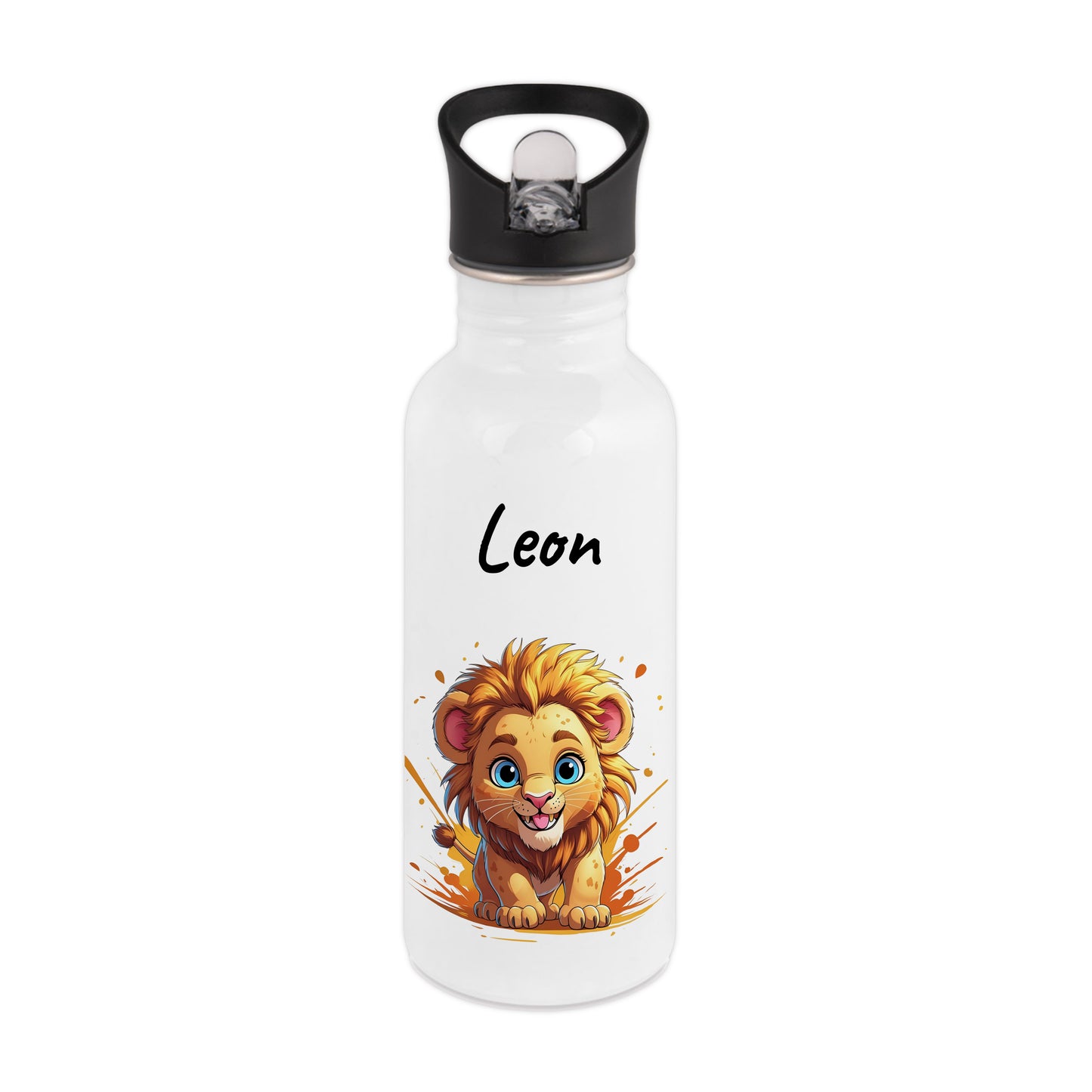 Trinkflasche mit Strohhalm in Weiß 600ml bedruckt mit niedlichen Tieren"Löwe" personalisierbar für Kinder mit Wunschname aus Edelstahl
