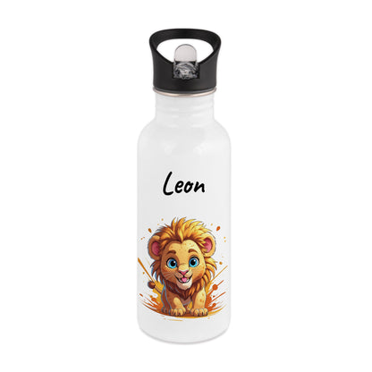 Trinkflasche mit Strohhalm in Weiß 600ml bedruckt mit niedlichen Tieren"Löwe" personalisierbar für Kinder mit Wunschname aus Edelstahl