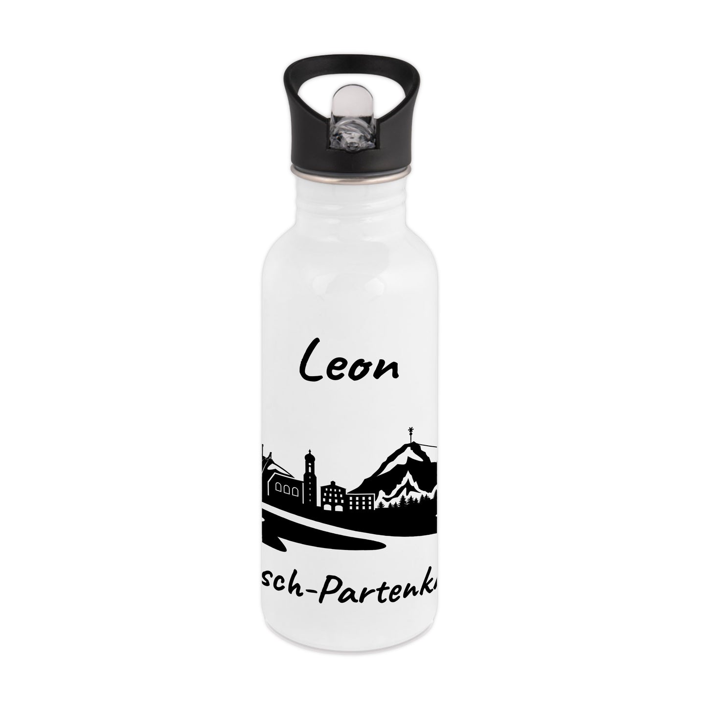 Trinkflasche in Weiß 600ml aus Edelstahl bedruckt mit der Skyline von Garmisch-Partenkirchen personalisierbar mit Wunschname