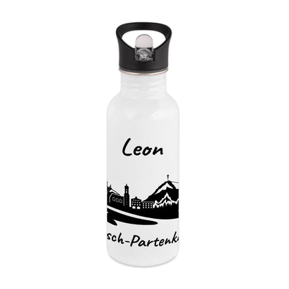 Trinkflasche in Weiß 600ml aus Edelstahl bedruckt mit der Skyline von Garmisch-Partenkirchen personalisierbar mit Wunschname