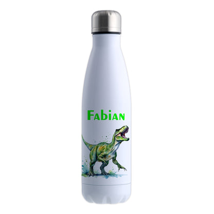 Thermoflasche 500ml in Weiß bedruckt mit tollen Motiven für Kinder "Dino T-Rex" personalisierbar mit Wunschname