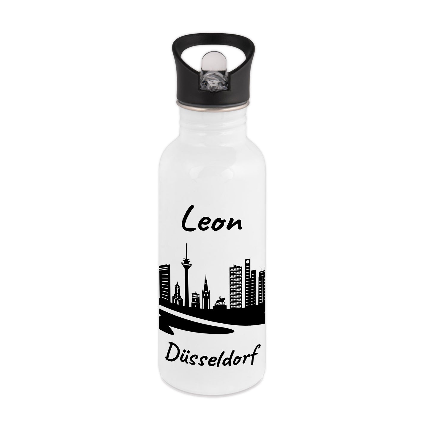 Trinkflasche in Weiß 600ml aus Edelstahl bedruckt mit der Skyline von Düsseldorf personalisierbar mit Wunschname