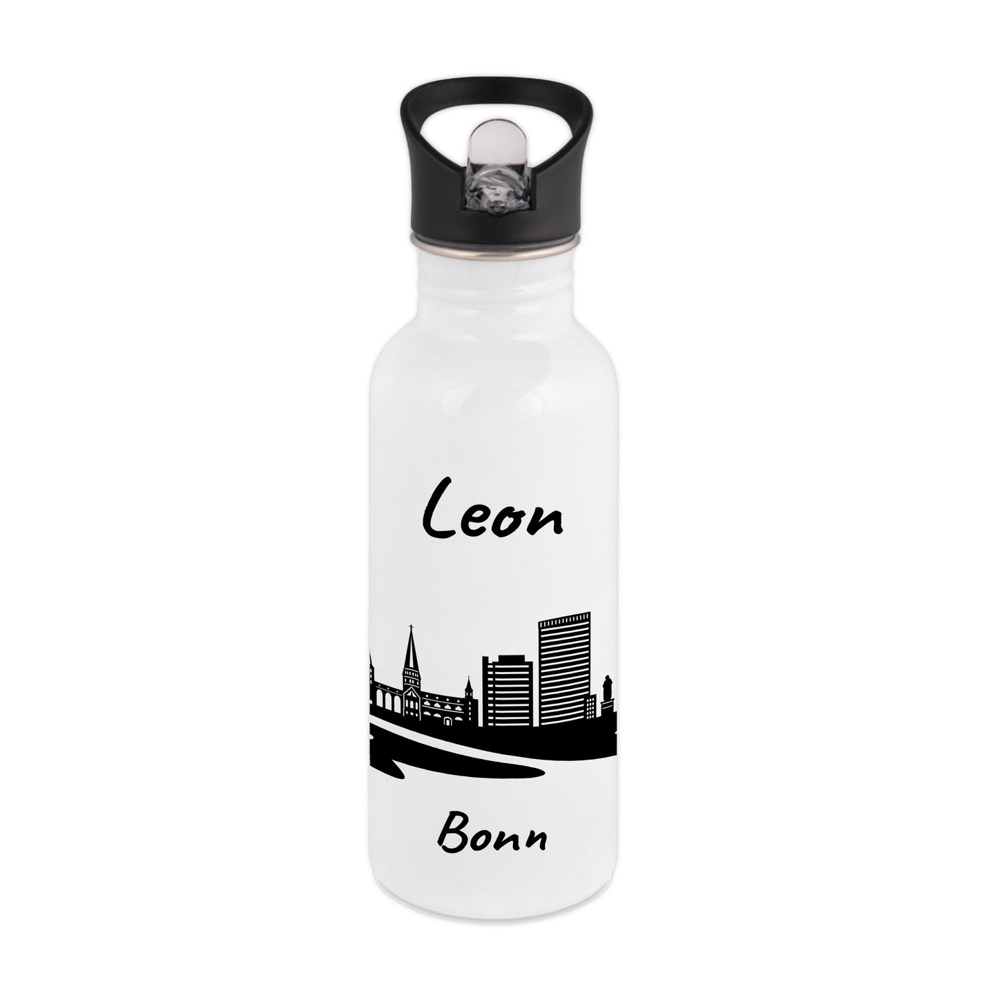 Trinkflasche in Weiß 600ml aus Edelstahl bedruckt mit der Skyline von Bonn personalisierbar mit Wunschname