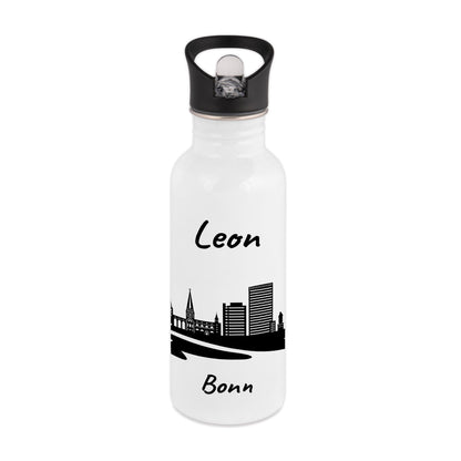 Trinkflasche in Weiß 600ml aus Edelstahl bedruckt mit der Skyline von Bonn personalisierbar mit Wunschname