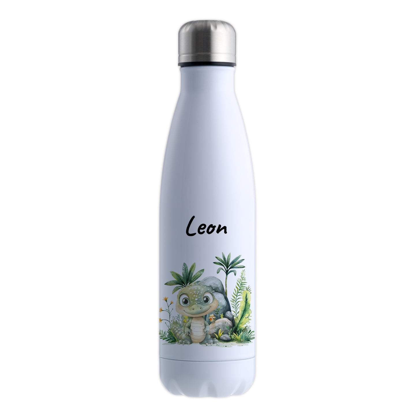 Trinkflasche in Weiß 500ml aus Edelstahl bedruckt mit Dschungel Tieren"Krokodil" personalisierbar für Kinder mit Wunschname