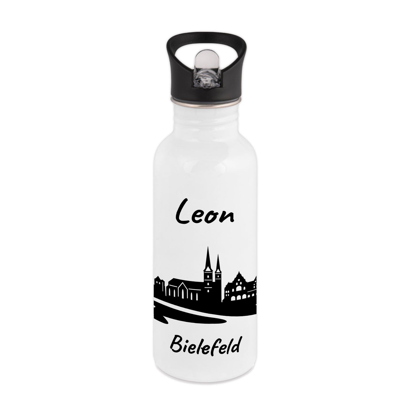 Trinkflasche in Weiß 600ml aus Edelstahl bedruckt mit der Skyline von Bielefeld personalisierbar mit Wunschname
