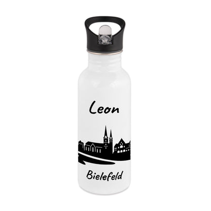 Trinkflasche in Weiß 600ml aus Edelstahl bedruckt mit der Skyline von Bielefeld personalisierbar mit Wunschname