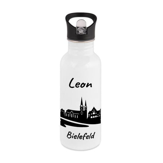 Trinkflasche in Weiß 600ml aus Edelstahl bedruckt mit der Skyline von Bielefeld personalisierbar mit Wunschname