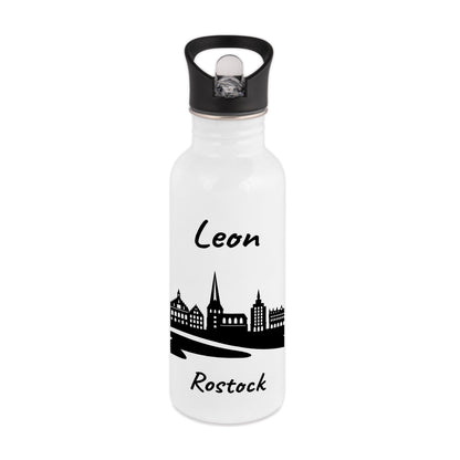 Trinkflasche in Weiß 600ml aus Edelstahl bedruckt mit der Skyline von Rostock personalisierbar mit Wunschname