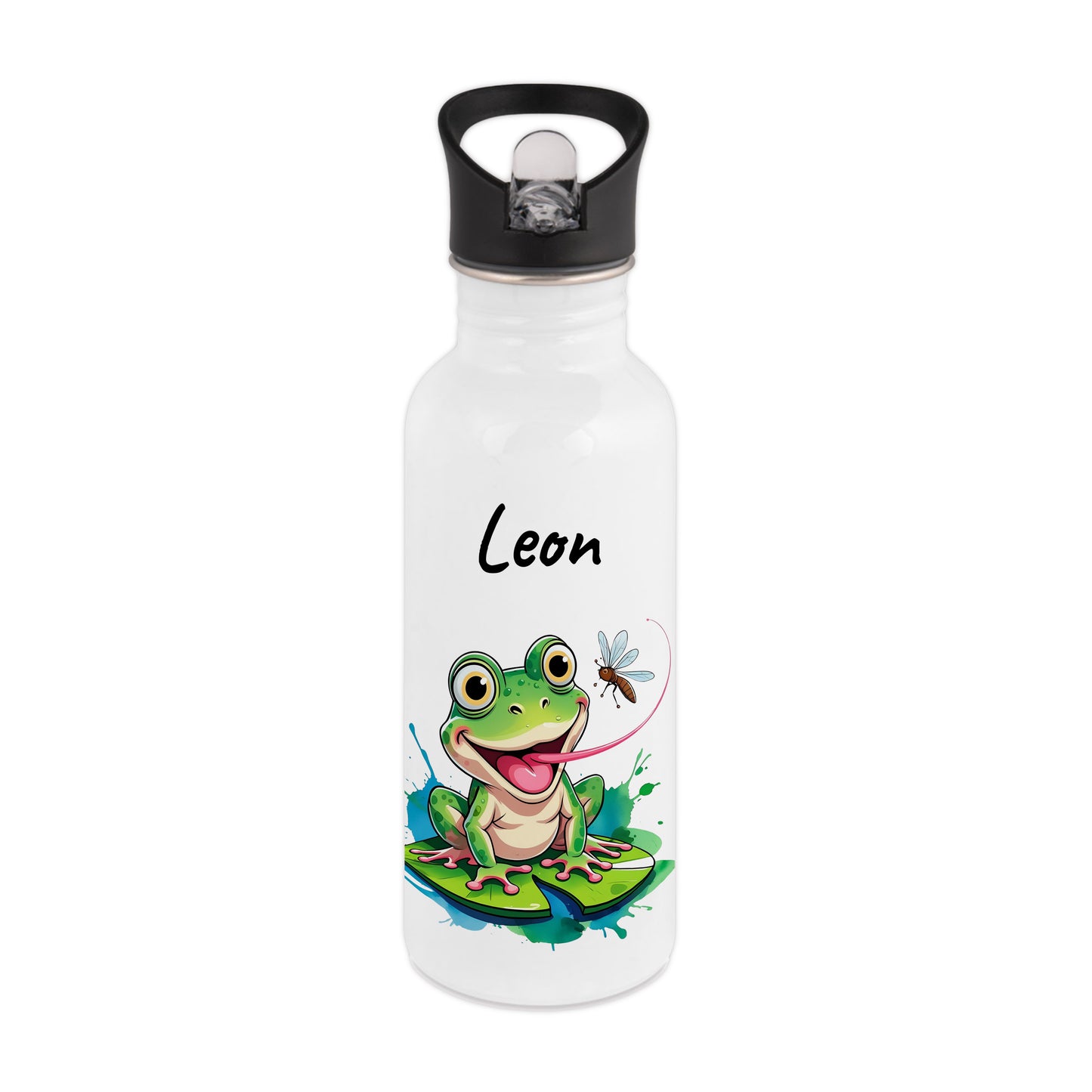 Trinkflasche mit Strohhalm in Weiß 600ml bedruckt mit niedlichen Tieren"Frosch" personalisierbar für Kinder mit Wunschname aus Edelstahl