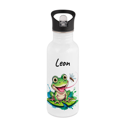Trinkflasche mit Strohhalm in Weiß 600ml bedruckt mit niedlichen Tieren"Frosch" personalisierbar für Kinder mit Wunschname aus Edelstahl