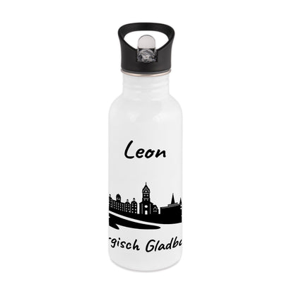 Trinkflasche in Weiß 600ml aus Edelstahl bedruckt mit der Skyline von Bergisch Gladbach personalisierbar mit Wunschname