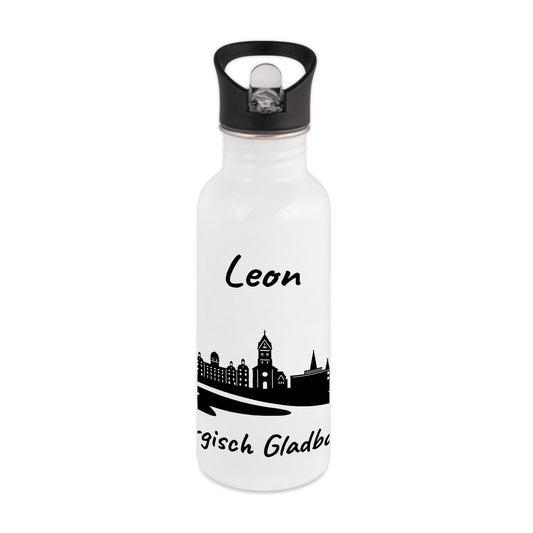 Trinkflasche in Weiß 600ml aus Edelstahl bedruckt mit der Skyline von Bergisch Gladbach personalisierbar mit Wunschname