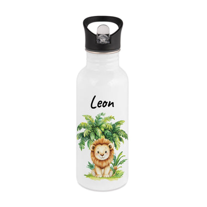 Trinkflasche mit Strohhalm in Weiß 600ml bedruckt mit Dschungel Tieren"Löwe" personalisierbar für Kinder mit Wunschname aus Edelstahl